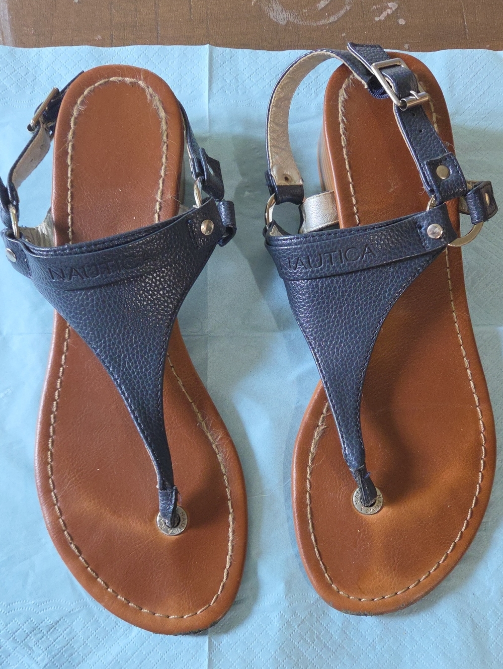 Nautica Navy Leather T-Strap Sandals with Brown Footbed